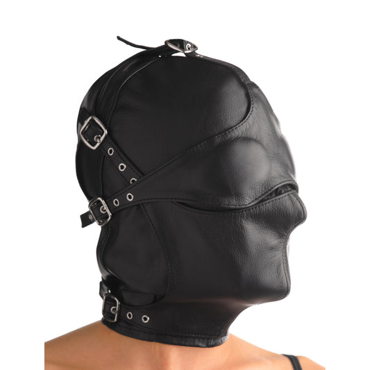 Asylum Leather Hood with Removable Blindfold and Muzzle- ML